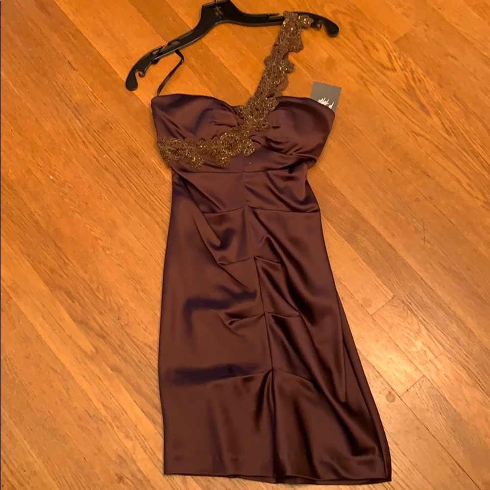 XSCAPE one shoulder brown dress